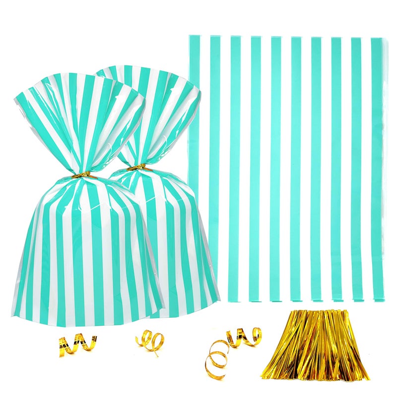 AWESON PARTY Clear Plastic Cellophane Treat Bags - Turquoise White Stripes Party Favors Cello Bags Wedding Baby Shower Birthday Party Cookie Candy Treat Favors Bags, 100pc - Image 1